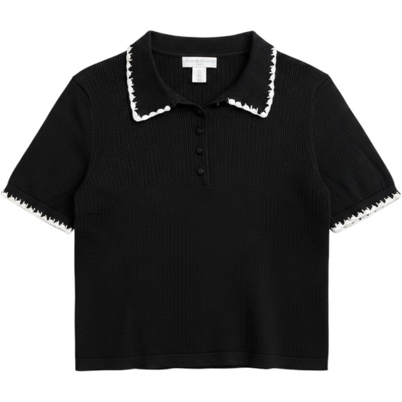 Caroline Constas Tops - Caroline Constas Womens M Black Short Sleeve Knit Polo White Crochet Trim Top‎